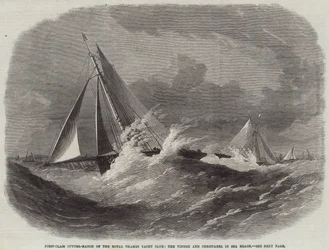 Competencia de cortadores de primera clase del Royal Thames Yacht Club, el Vindex y Christabel en Sea Reach